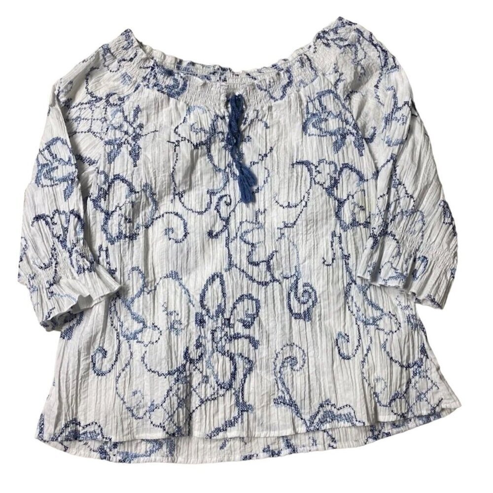Harve Benard Smocked Embroidered Tassel Blouse Boho Summer Resort Casual Top